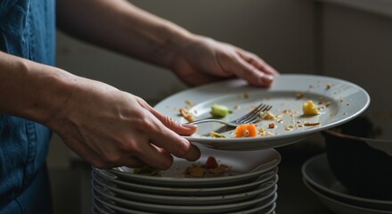Hands clearing leftover food from white plate with fork and crumbs. Kitchen cleanup after meal with stack of dishes. Household chores and dishwashing concept