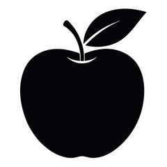 Black silhouette vector illustration of a simple apple with stem and leaf on white background. Ideal for food icons, healthy eating, fruit labels, nutrition, and minimalist design projects.