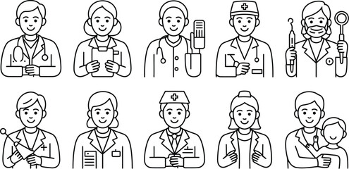 Line drawing of diverse medical professionals in various roles and poses