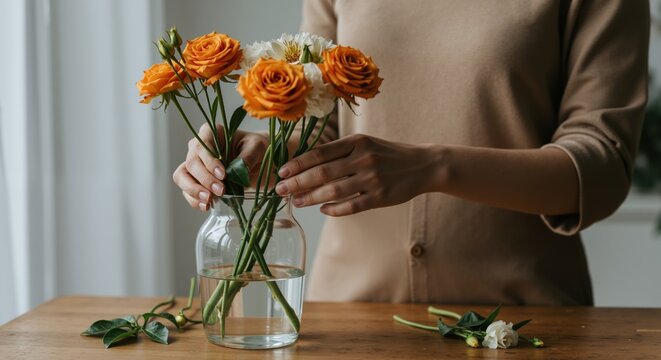 Woman arranging orange roses and white flowers in glass vase on wooden table. Hands placing fresh blooms with green stems. Home decoration and floral arrangement concept - Powered by Adobe
