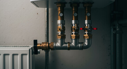 Heating system pipes with brass valves and pressure gauges mounted on wall near white radiator. Professional plumbing installation with copper fittings