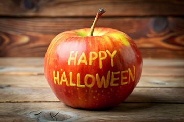 Red apple with Happy Halloween message on rustic wooden table