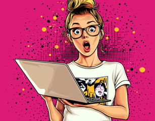 The image depicts a girl with a laptop, a woman with a notebook, a bespectacled girl, and a hipster girl, all in a comic style for a digital advertisement