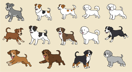 Fototapeta premium Adorable dog breeds collection featuring miniature schnauzer, jack russell terrier, and bichon frise puppies. This charming illustration showcases diverse canine companions,