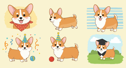 Obraz premium Adorable corgi puppies illustrations set. Collection of cute cartoon corgis in different poses and outfits. Perfect corgi image for greeting cards, party invitations, or children's books.