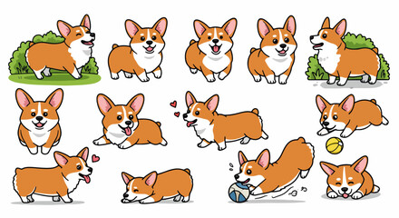 Fototapeta premium Adorable Pembroke Welsh Corgi dog poses. Collection of cute corgi illustrations. Playful corgi in various poses perfect for pet-themed designs, greeting cards or children's books.