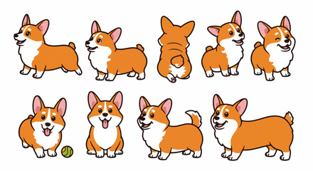 Obraz premium Adorable Pembroke Welsh Corgi dog poses, collection of cute cartoon corgis in different positions. Happy corgi puppy illustrations perfect for pet-themed greeting cards, children's books,