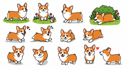 Obraz premium Adorable Pembroke Welsh Corgi dog illustrations. Collection of cute Corgi puppies in various poses. Perfect Corgi images for pet blogs, greeting cards, or children's books.