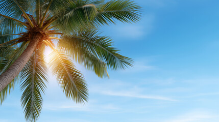 Tropical palm tree under sunlight against a clear sky