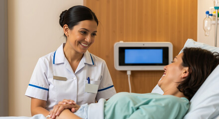 Smiling nurse in white uniform with blue trim caring for patient in hospital bed with medical equipment. Healthcare professional providing compassionate care. Medical service concept