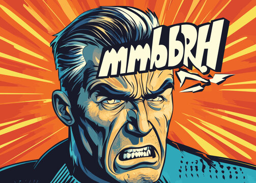 Modern illustration presents a pop art vintage comic book scene of a perplexed and suspicious man thinking and mumbling