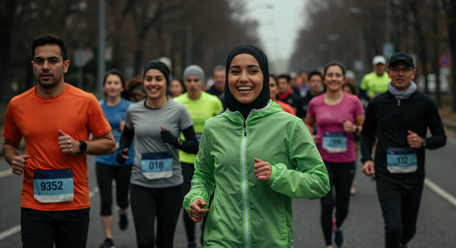 Diverse group of runners including woman in hijab participating in marathon race on city street. Athletic competition with numbered bibs and inclusive participation