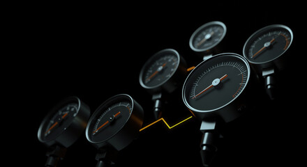 Multiple pressure gauges with orange needles on black background showing industrial measurement instruments. Technical equipment for monitoring systems and processes