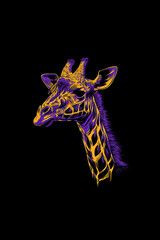 Obraz premium The giraffe is illustrated in a vibrant, abstract pop art style on a deep purple backdrop