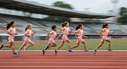 Team of female runners in pink uniforms racing on athletic track with motion blur. Competitive sports and women athletics with synchronized movement. Fitness concept