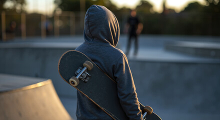 Skateboarder in gray hoodie at concrete skate park during warm evening light. Urban youth sports and street culture recreation activity
