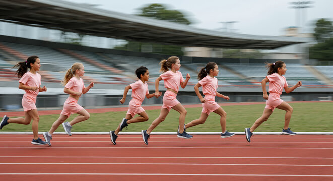 Team of female runners in pink uniforms racing on athletic track with motion blur. Competitive sports and women athletics with synchronized movement. Fitness concept