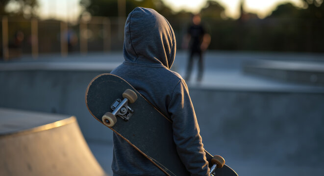 Skateboarder in gray hoodie at concrete skate park during warm evening light. Urban youth sports and street culture recreation activity