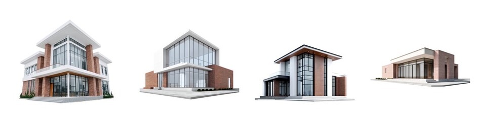 Set of  Brick and Glass Modern Villa Homes isolated on transparent background