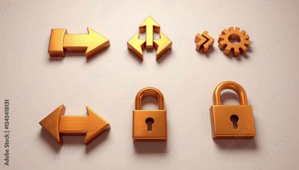 Fototapete metallic golden 3d rendering of security icons and navigation arrows collection