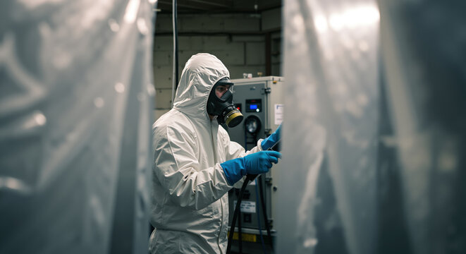 Person in white hazmat suit with respirator mask working in industrial laboratory with blue gloves. Chemical safety protection and contamination control. Hazardous material handling concept