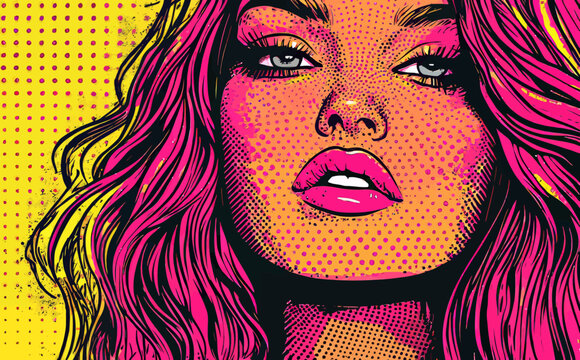 The pop art style is epitomized by the image of a stunning beauty with yellow wavy locks, a sexy model girl accentuated by flawless makeup, presented in a colorful and lively poster that showcases a