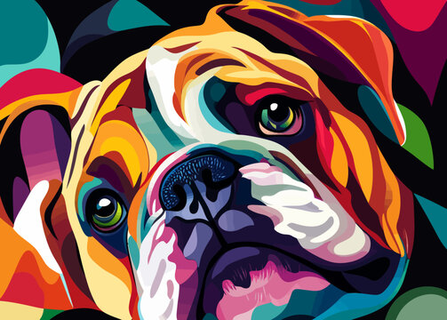 A colorful dog from Bordeaux is set against a cool isolated pop art style background in WPAP