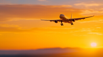 Fototapeta premium Airplane silhouette flying in golden sunset sky at twilight