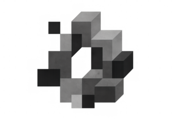 Gray and black cubes forming a circle on a transparent background, creating a modern and abstract composition