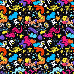 Fototapeta premium Colorful planets and space form a minimal repeating pattern in cartoon pop art style