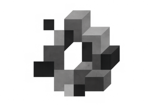 Gray and black cubes forming a circle on a transparent background, creating a modern and abstract composition