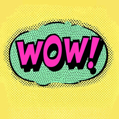 Obraz premium A comic speech bubble, burst balloon, or shout balloon with wow text in a trendy pop art style, positioned in front of a ray background, as a modern illustration