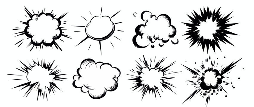 The combination of comic explosion speech bubbles, silhouettes, and starburst designs in black is perfect for graphic design and digital illustrations