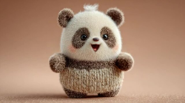 Adorable Cute Knitted Panda Bear Plush Toy with a Cheerful Expression on Beige Background