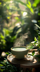 Ceramic cup of matcha tea with steam rising, placed on a wooden stool in a lush garden with green plants and sunlight filtering through. Wellness ads, organic, tea promotions, zen garden decor.
