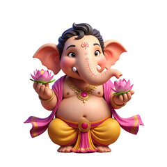 Fototapeta premium Cartoon depiction of Hindu God Ganesha, holding lotus flowers, wearing traditional attire, isolated on white.