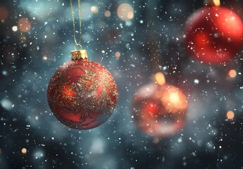 Photo of Red and Gold Christmas Baubles on a Snowy Background
