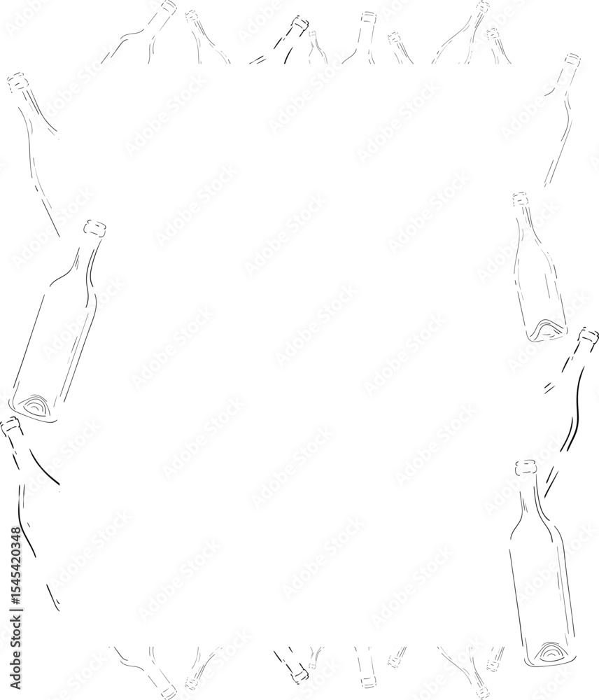 Fototapete white frame with wine bottles drawn in outline style. wine list concept.