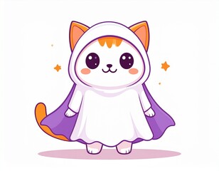 Adorable cartoon illustration of a cat wearing a ghost costume, smiling and surrounded by Halloween sparkles. Perfect for stickers, greeting cards, and festive content. Pastel tones and white backgrou