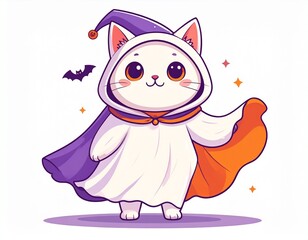 Adorable cartoon illustration of a cat wearing a ghost costume, smiling and surrounded by Halloween sparkles. Perfect for stickers, greeting cards, and festive content. Pastel tones and white backgrou