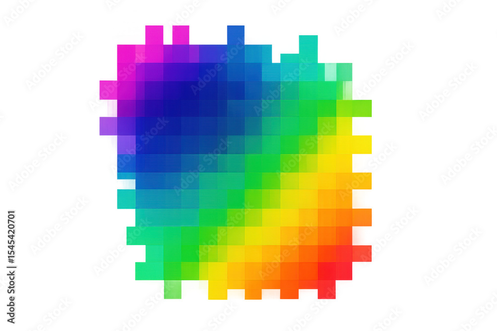 Poster rainbow gradient showing a transition between colors, made with pixelated squares on transparent bac