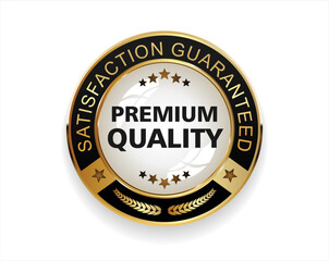 Premium quality satisfaction guaranteed golden badge on white background  