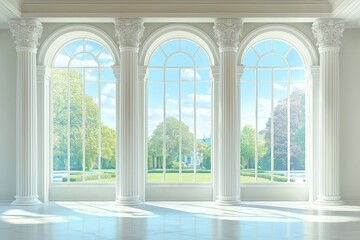 Fototapeta premium Sunlight illuminates white grand hall through large windows in palace or castle, surrounded by lush greenery