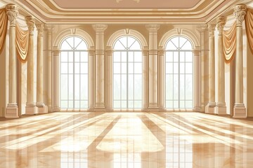 Fototapeta premium Grand hall with large windows in palace or castle, surrounded by lush greenery