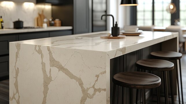 Modern kitchen island with creamy marble countertop