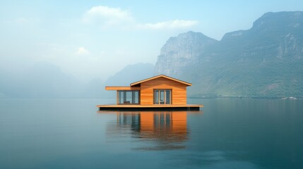 Fototapeta premium Wooden houseboat on calm lake, mountains