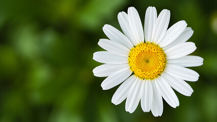 Fototapeta premium Close-up of a single white daisy against a blurred green background, showcasing its delicate petals and vibrant yellow center.