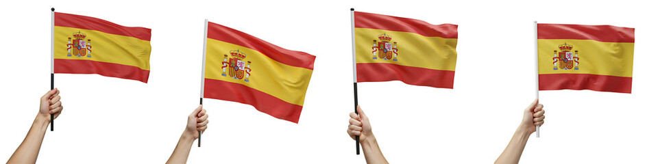 Fototapeta premium Hand Holding Spain Flag with National Emblem On Isolated Transparent Background
