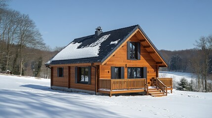Wooden cabin in snowy landscape