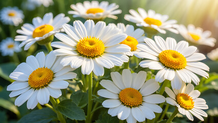 Close-up of several white daisies blooming in a sunny garden